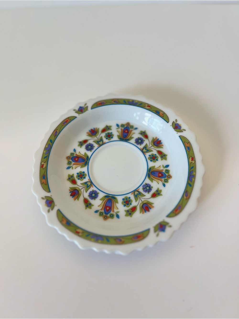 Sango White Porcelain saucer with Blue, Red, Green and Gold Floral Trim plate
